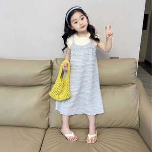 韩国童装女童蓝色吊带裙，2024夏季小女孩，简约风纯色休闲连衣裙