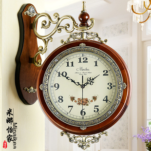 欧式客厅挂钟双面时尚，实木两面艺术静音，时钟钟表家用创意个性挂表