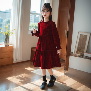秋冬季女童金丝绒公主裙，儿童韩版洋气红色，连衣裙女孩生日礼服裙子