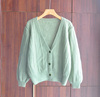 韩国春季纯羊毛100%宽松开衫v领毛衣豆绿色，外套上衣女外搭