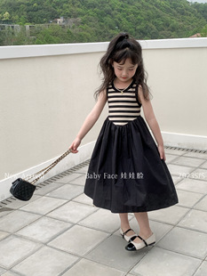 韩国版2023夏季女童，洋气条纹拼接大摆背心，裙儿童时髦连衣裙潮