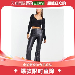 香港直邮潮奢asos女士，设计弹力仿皮喇叭型裤子，(黑色)