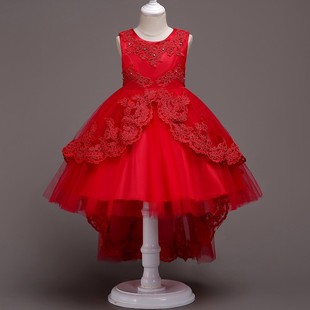 儿童礼服公主裙女童，红色连衣裙花童拖尾蓬蓬裙，生日小主持人演出服