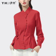 衬衫女中式衬衣复古中国风上衣立领红色唐装本命年春秋装打底