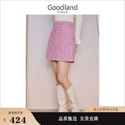 小香风Goodland美地女装2023冬季粉紫色粗花呢A字半身裙
