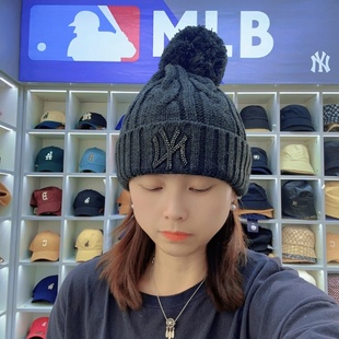 韩国MLB帽子NY水钻字母弹力针织帽粗毛线帽男女保暖护耳朵冷帽女