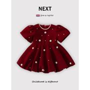 英国NEXT女宝宝红色公主裙子春秋装婴儿一周岁礼服女童珍珠连衣裙