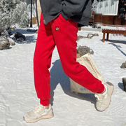 女童红色运动裤加绒加厚休闲卫裤厚款保暖长裤冬季羊羔绒束脚裤子