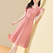 纯色雪纺短袖连衣裙女装，夏季2024高级感优雅气质，粉色连身裙子
