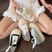 韩版运动休闲板鞋女夏2024增高厚底小白，鞋帆布绸缎系带大头鞋
