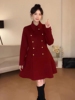 红色毛呢西装外套女2023秋冬季高级感双排扣西服大衣