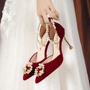 婚鞋女高跟包头凉鞋2022红色，新娘鞋不累脚，舒适秀禾鞋婚纱两穿