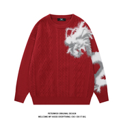 PeterWoo新年红色毛衣女冬季龙年本命年国潮牌复古趣味植绒针织衫