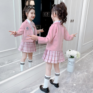 女童西装套装全套jk制服，2021女孩洋气秋装三件套小西服儿童装