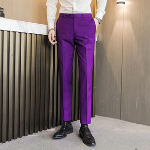 紫色男士西装裤英伦，修身大码裤子免烫抗皱休闲裤夏季男小脚直筒裤