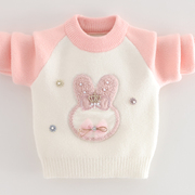 女童毛衣可爱粉白色，女宝宝针织衫2023冬季加厚水貂绒儿童上衣