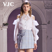 VJC/威杰思春夏女装白色翻领衬衫露肩长袖时尚休闲上衣