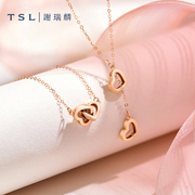 tsl谢瑞麟甜心系列，18k金项链双爱心一款多戴玫瑰金套链ag876