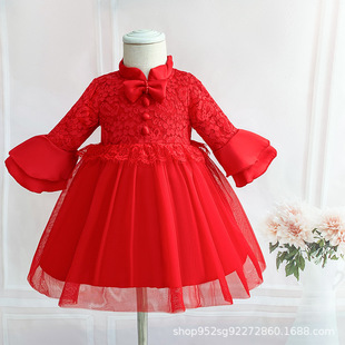 大红喜庆长袖加棉蕾丝公主裙0-3岁拜年服过年服红色泡泡袖长裙