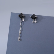 s925纯银黑色锆石耳环女小众设计不对称耳钉高级感冷淡风耳饰