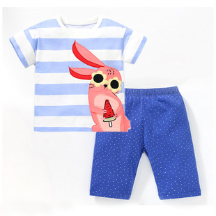 女童蓝条纹短袖t恤宝宝兔子，半袖打底裤2件套，儿童夏装小童短裤套装