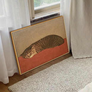 港画沙发背景墙装饰画抽象艺术油画，摆画日式猫咪挂画客厅卧室壁画
