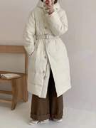 韩版外贸年长款羽绒服女秋冬宽松加厚腰带保暖外套长袖常规白鸭绒