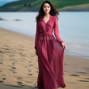 度假长裙雪纺连衣裙夏季玫红色，高级感到脚踝长款裙海边沙滩裙