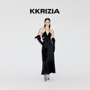 早春K KRIZIA2024时尚简约摩登吊带镂空修身黑色礼服长裙