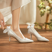 法式缎面白色高跟鞋女不累鞋，绝美婚鞋2024主婚纱礼服新娘鞋
