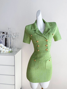 法式小香风套装裙女2023年夏季绿色西装，外套高腰显瘦a字裙两件套