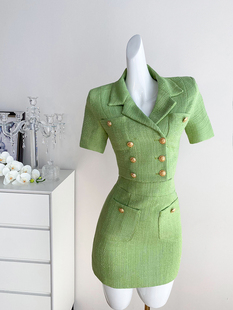 法式小香风套装裙女2023年夏季绿色西装外套高腰显瘦a字裙两件套