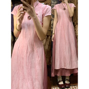 大码胖mm夏装搭配一整套新中式复古国风粉色改良旗袍连衣裙两件套