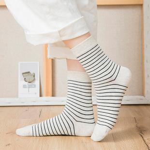 无印日式良品纯棉袜子条纹中筒袜吸汗透气纯色五分女学生运动袜