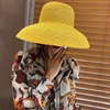 夏天女(夏天女)法式网红款黄色镂空赫本钟型大檐盆帽遮阳度假沙滩太阳草帽