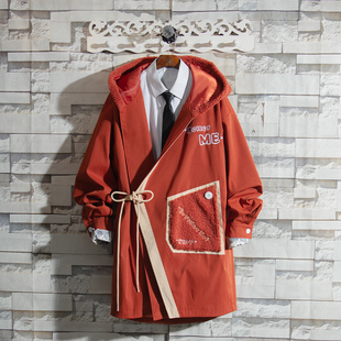 BTMG白糖玫瑰23国潮设计感中长款连帽风衣外套男痞帅流行红色大衣