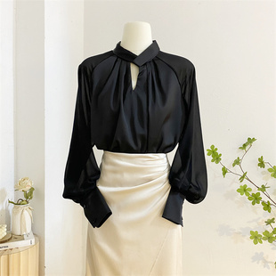 法式高级感黑色立领缎面，衬衫女春季设计感拼接灯笼，袖衬衣气质上衣