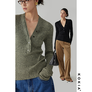 kokia恰好的性感羊毛，双层半开襟窄v领坑条修身针织衫两色