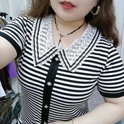 洋气减龄蕾丝娃娃领条纹短袖T恤女夏季韩版修身百搭上衣女