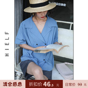 Hielf 纯色简约双排扣翻V领短袖衬衫女 宽松显瘦设计感小众衬衣