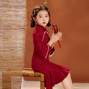 黑木马高定女童旗袍裙，中国风小女孩，红色中式花童礼服儿童长袖