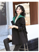 连帽风衣外套女春秋韩版时尚，修身简约双排，扣中长款撞色减龄假两件