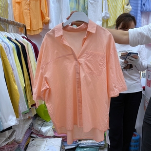 糖果色单棉衬衫女韩版口袋休闲时尚翻领短袖叠穿宽松夏装衬衣