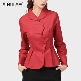 设计感职业衬衫长袖收腰上衣冬加绒春装红色女本命年衬衣显瘦气质