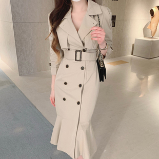 韩国chic秋季法式气质西装领双排扣系带收腰显瘦长袖鱼尾连衣裙女