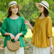 中袖T恤女韩版宽松型夏季薄款拼接圆领韩版复古文艺上衣显瘦女装