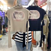 十三行秋装韩版猫咪印花半高领长袖t恤女修身显瘦短款上衣潮
