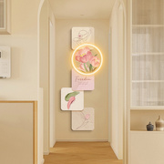 2023粉色郁金香花卉正对门奶油风玄关装饰画过道走廊客厅挂画