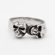 时尚钛钢男款戒指 欧美个性复古双骷髅头钛钢戒指指环