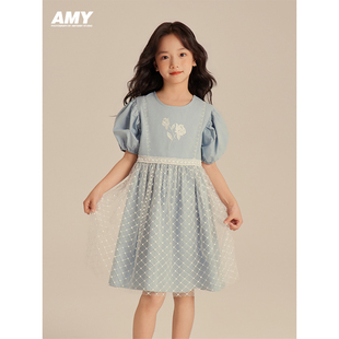 Amybaby女童连衣裙2024儿童花朵刺绣泡泡裙时髦蕾丝公主裙